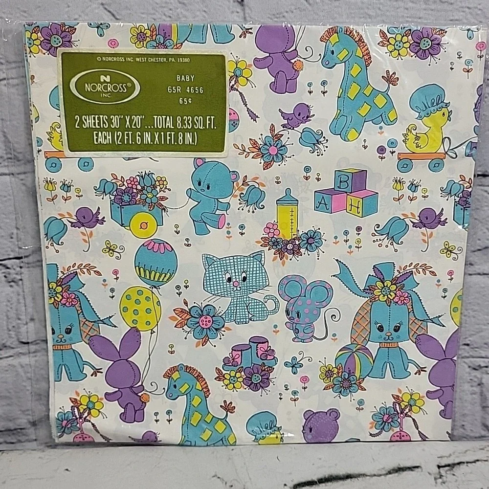 Vintage Gift Wrap Wrapping Paper New Baby Themed Lot Of 4 Different Prints